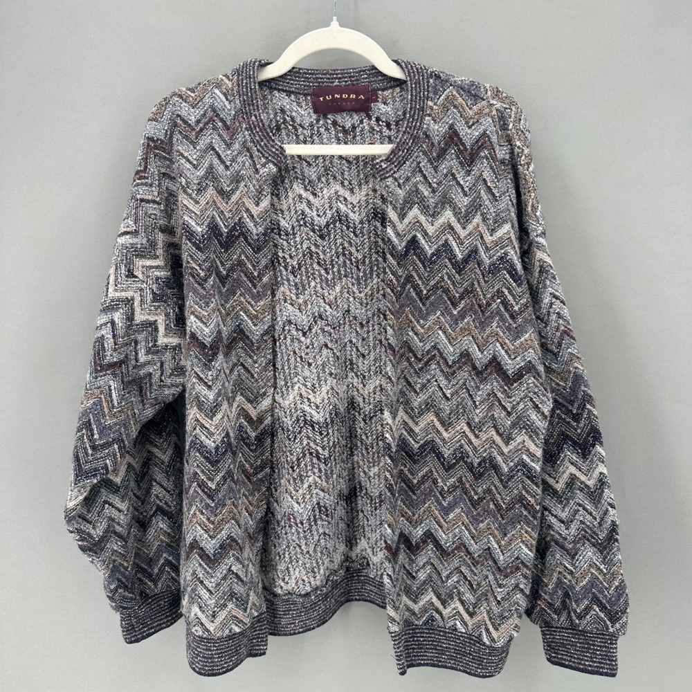 TUNDRA Canada Womens Zig Zag Knit Cardigan Sweater Grey Size L Vintage Open Cozy